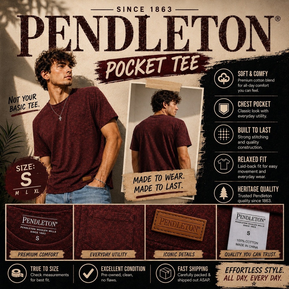 Pendleton Mens Small Burgundy Heather Relaxed Fit Cotton Blend Pocket Tee Shirt